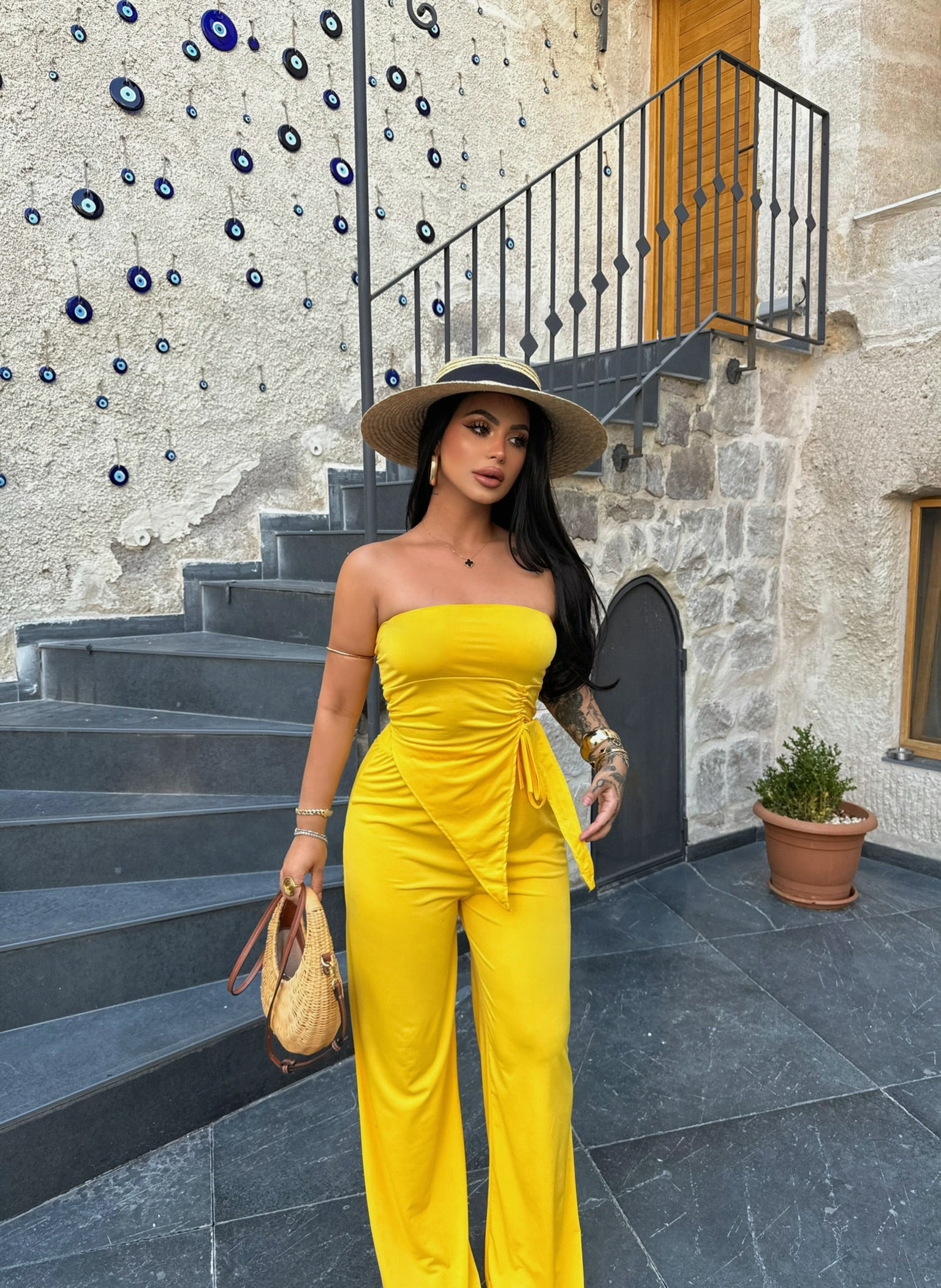 Yellow Ruched Strapless Two-Piece Set
