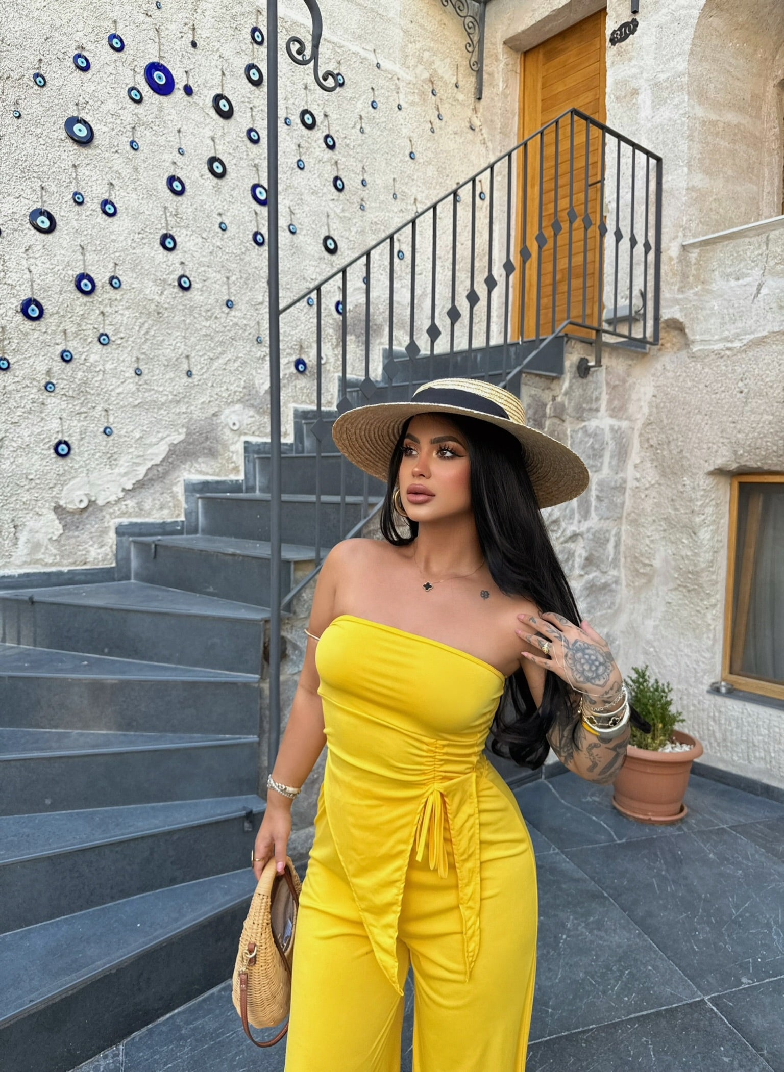 Yellow Ruched Strapless Two-Piece Set