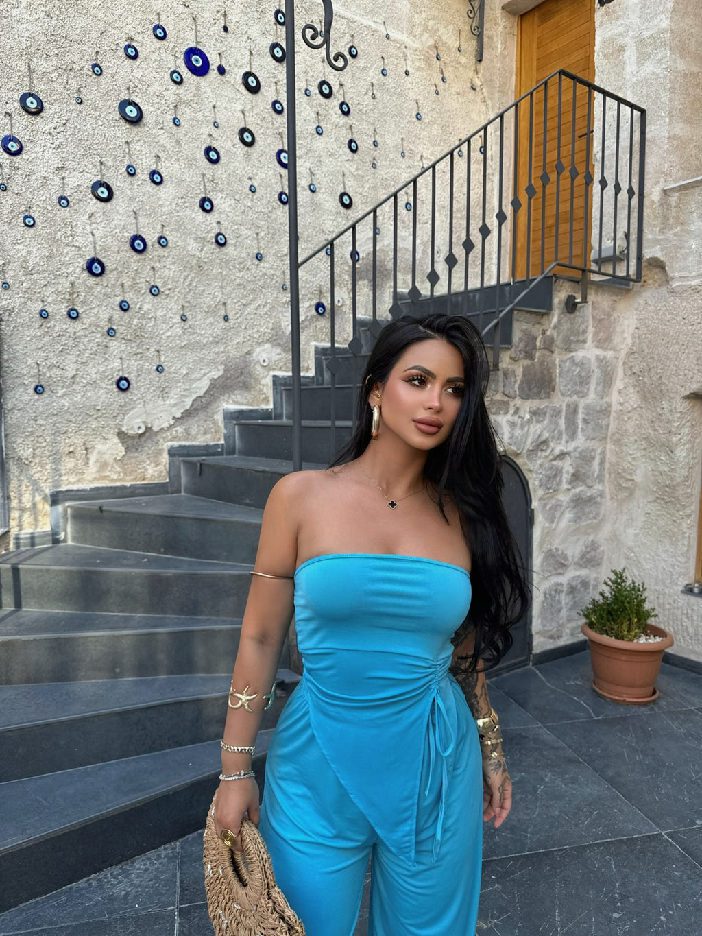 Blue Ruched Strapless Two-Piece Set