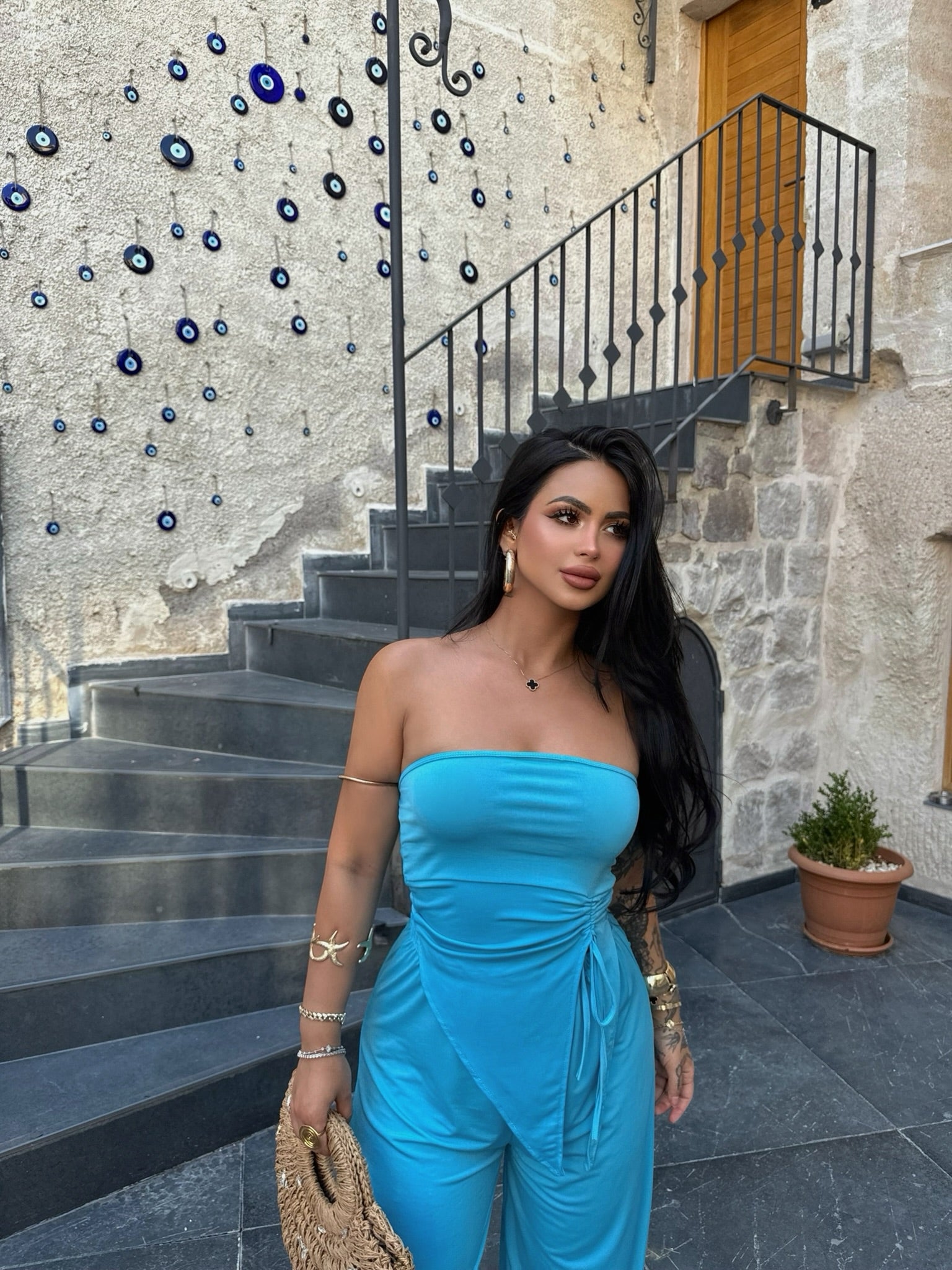 Blue Ruched Strapless Two-Piece Set
