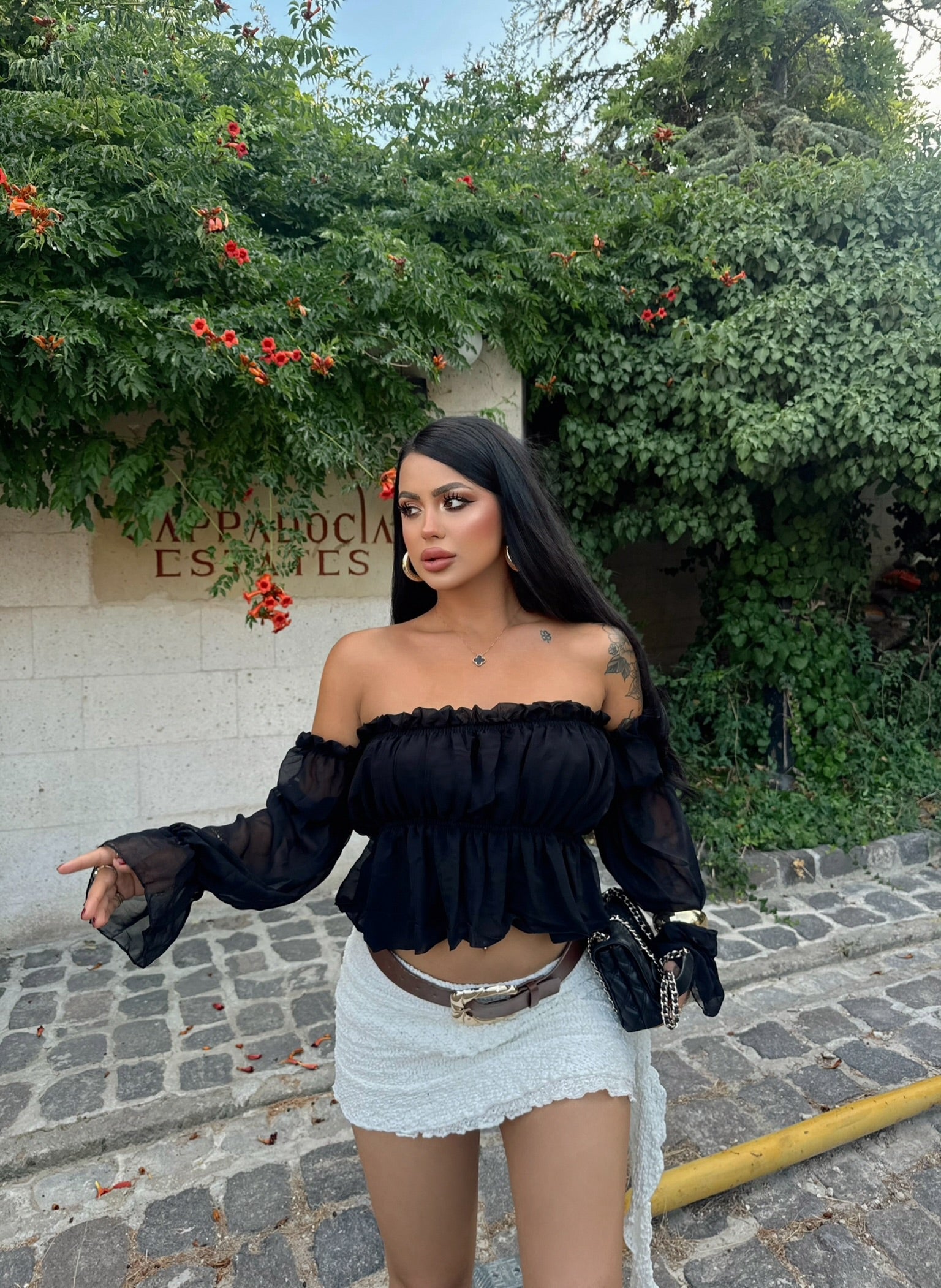Black Madonna Neck Chiffon Blouse