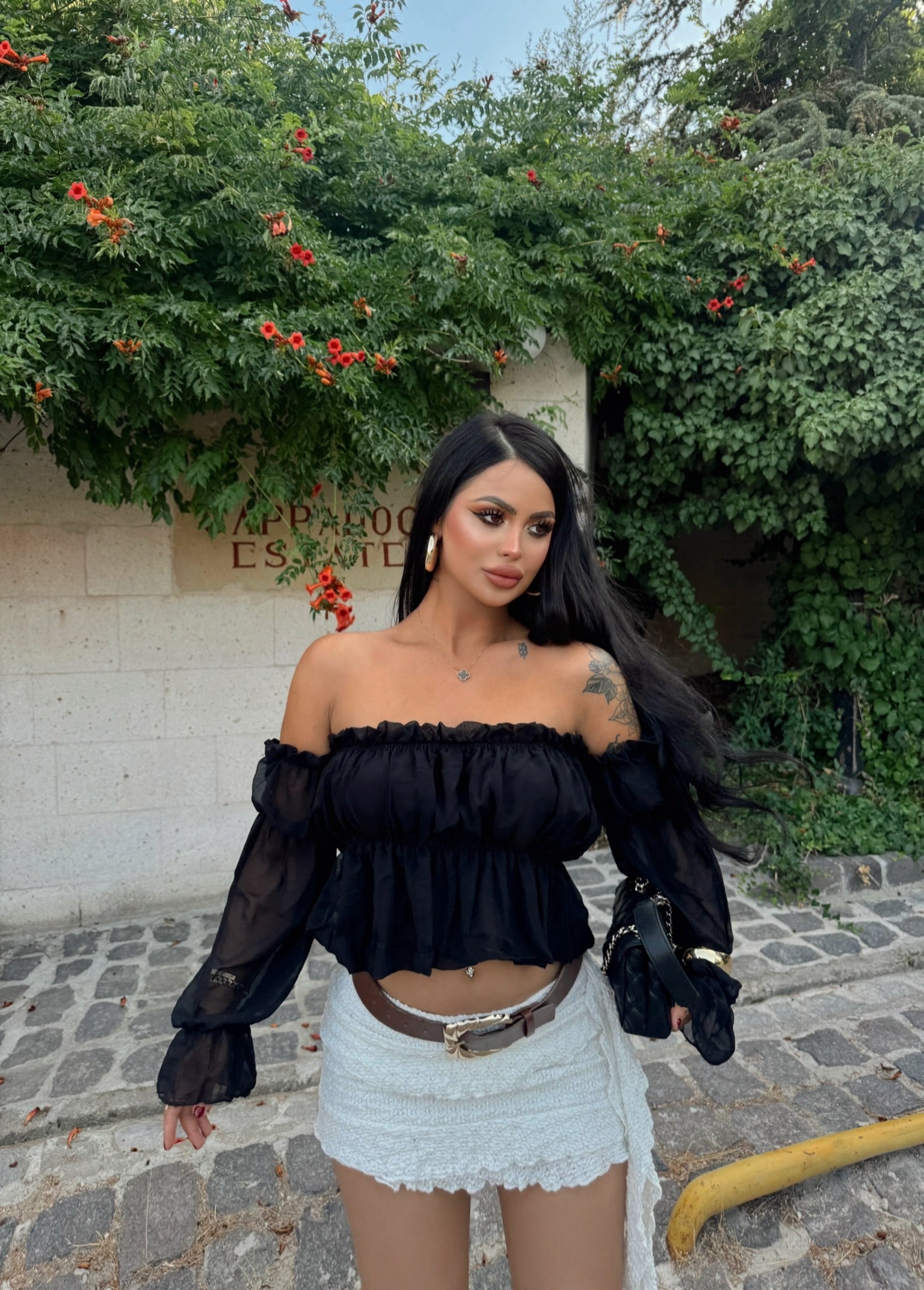 Black Madonna Neck Chiffon Blouse