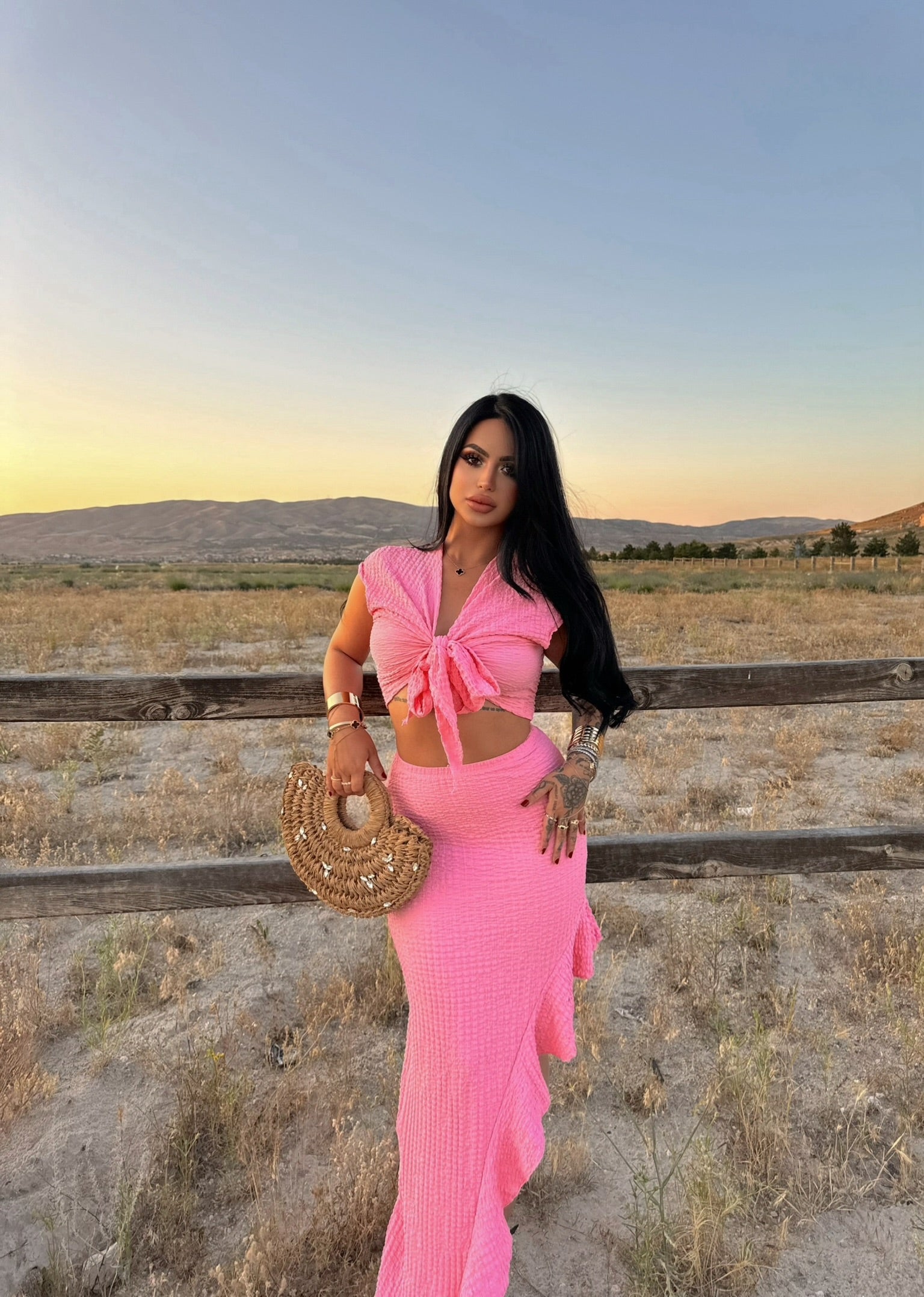 Pink Front Tie Skirted Two-Piece Set