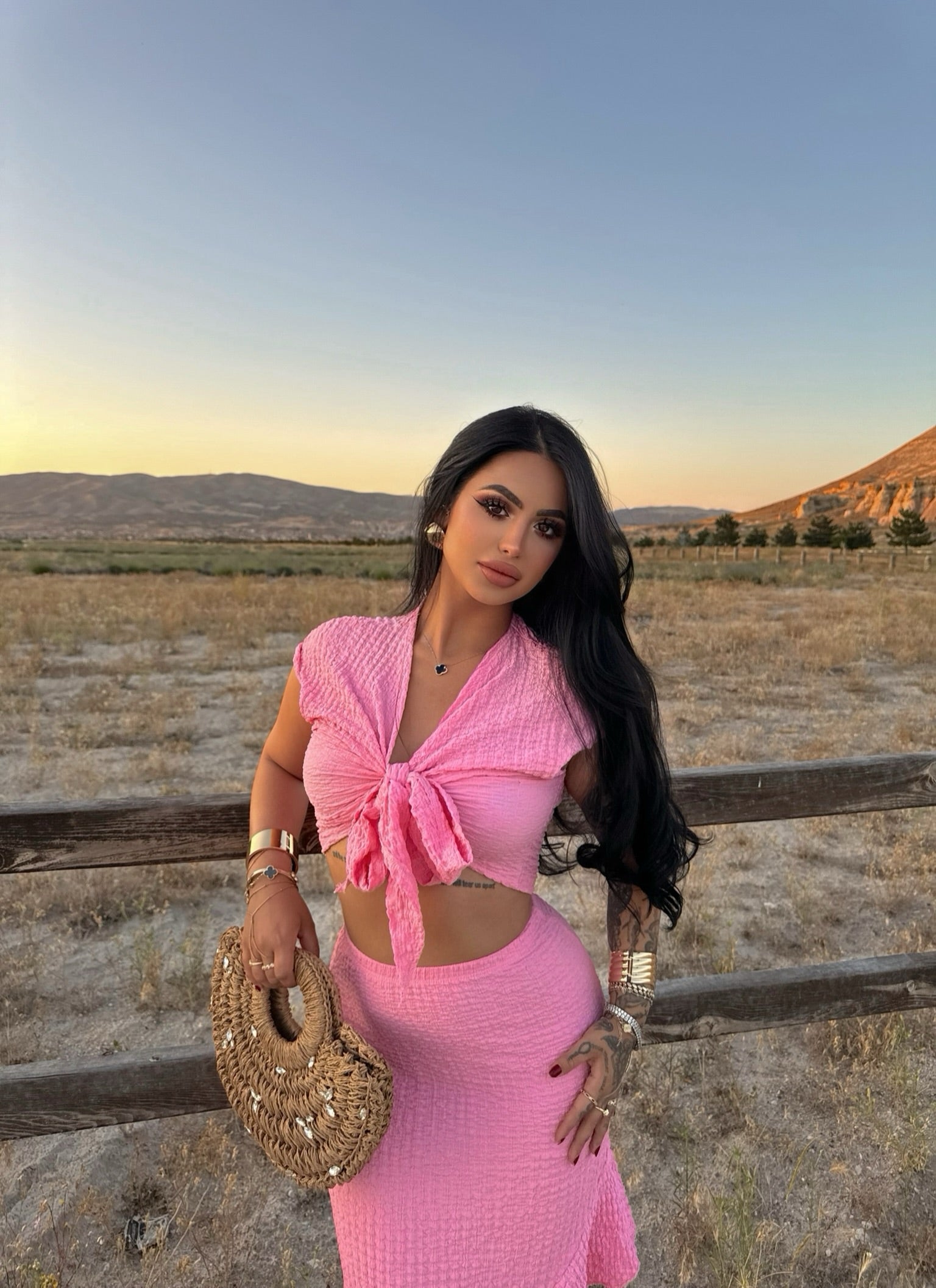 Pink Front Tie Skirted Two-Piece Set