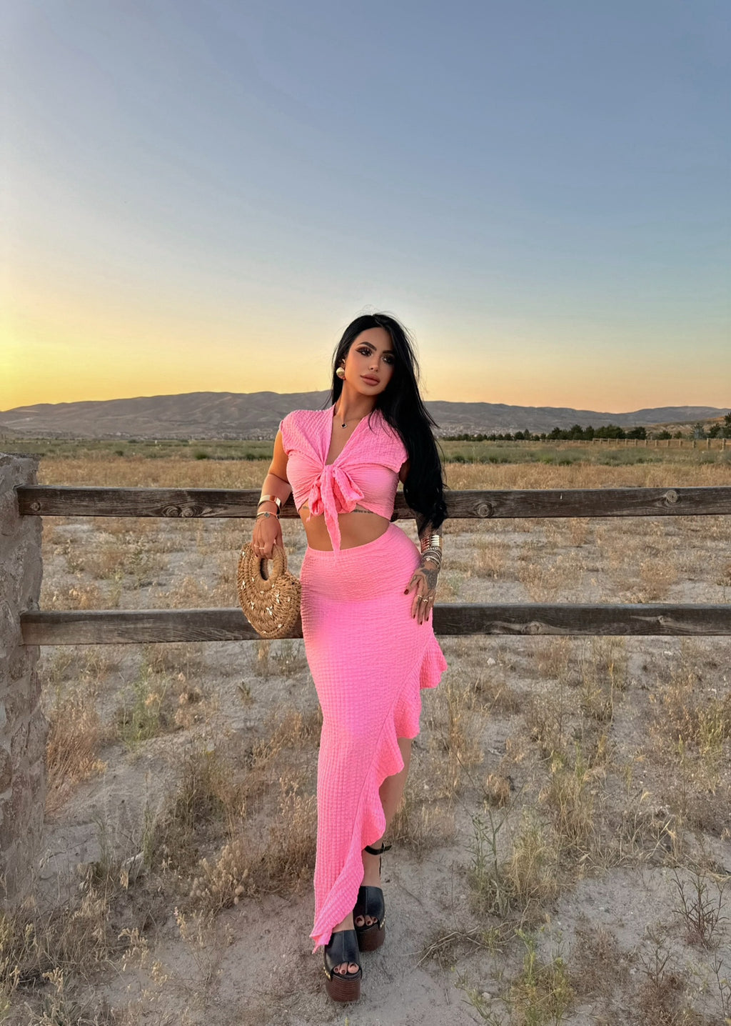 Pink Front Tie Skirted Two-Piece Set
