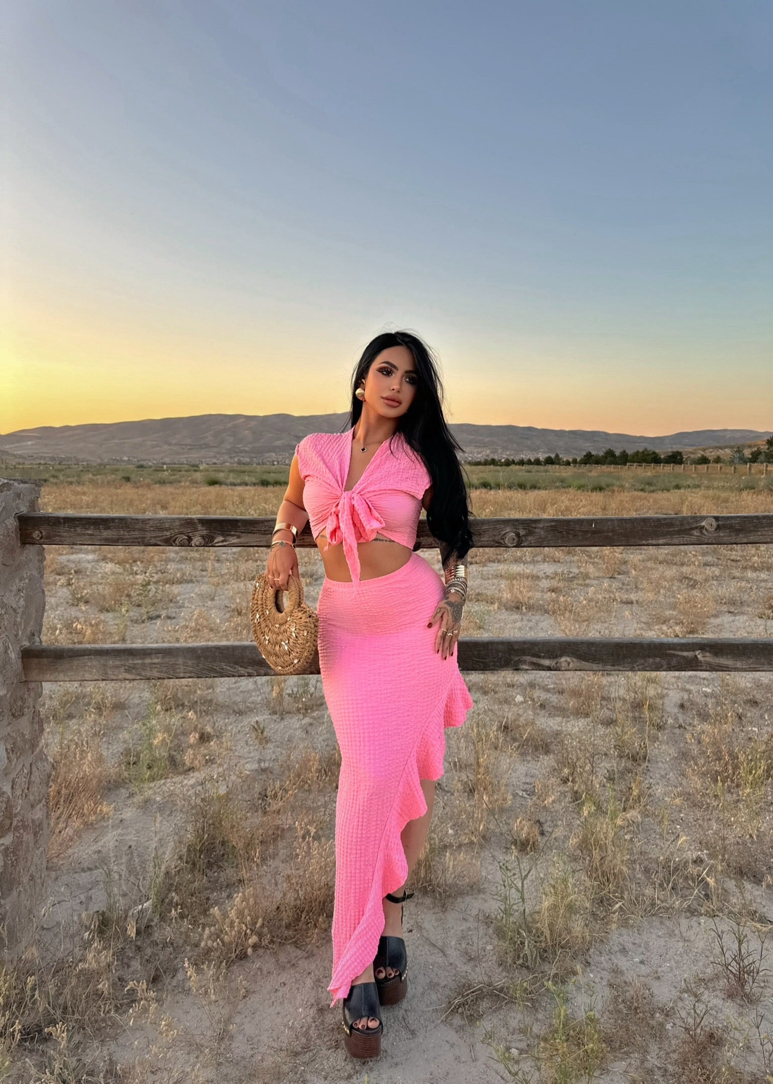 Pink Front Tie Skirted Two-Piece Set