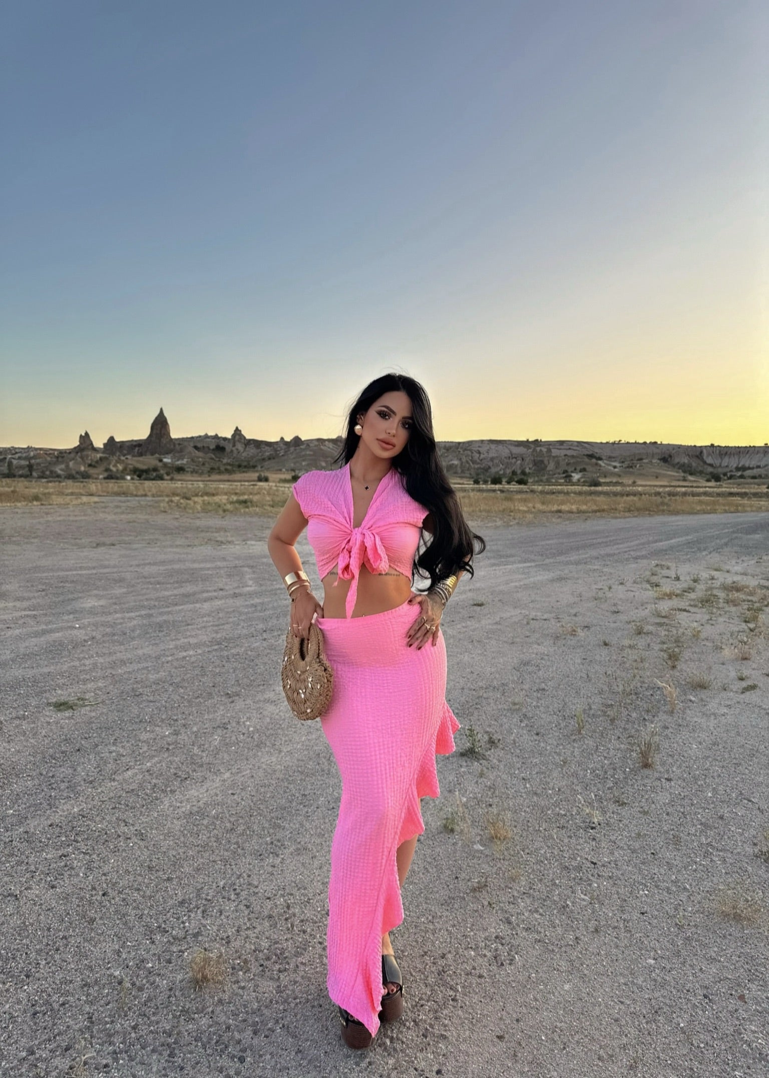 Pink Front Tie Skirted Two-Piece Set