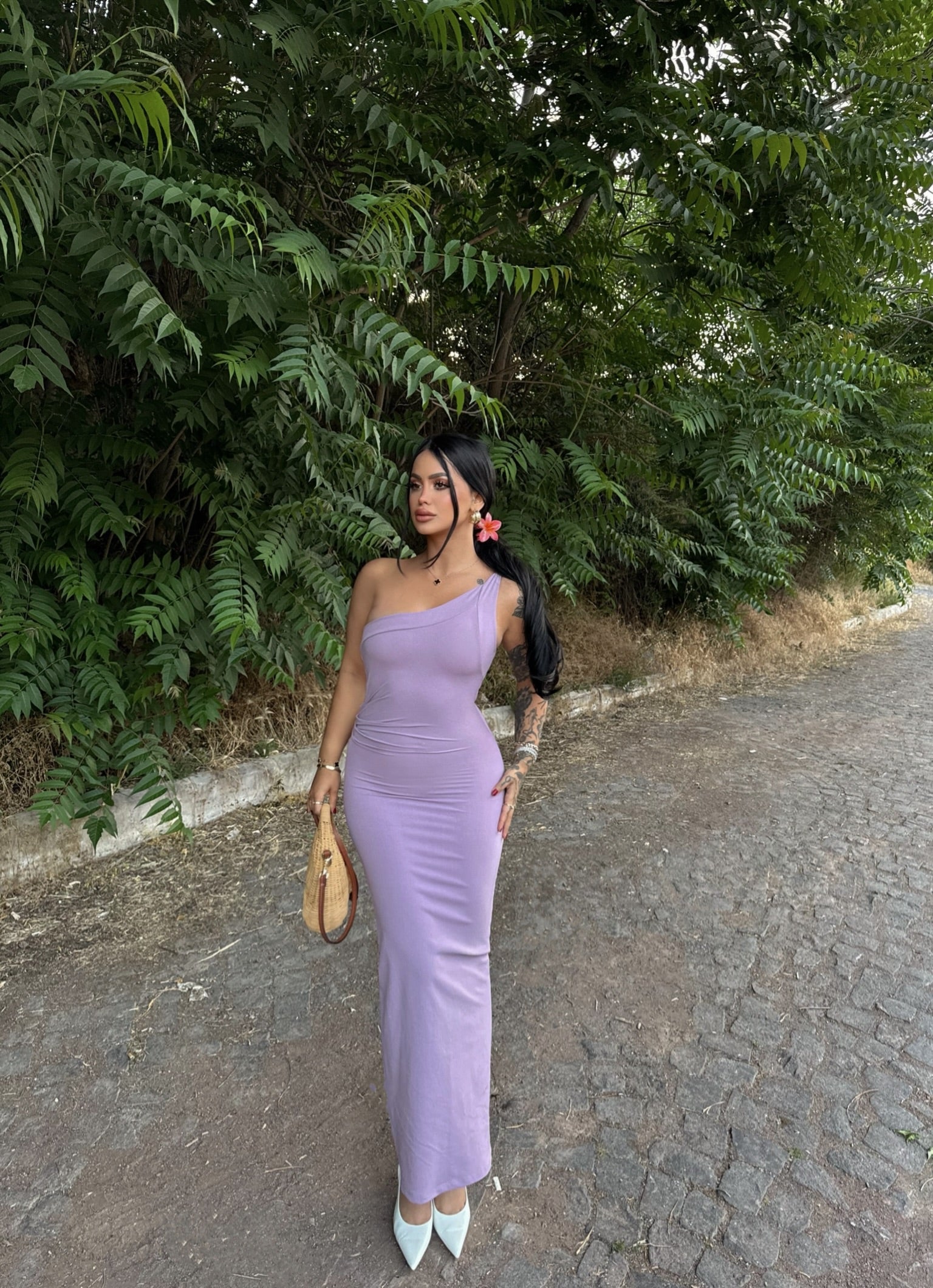Lilac One-Shoulder Ruched Maxi Dress
