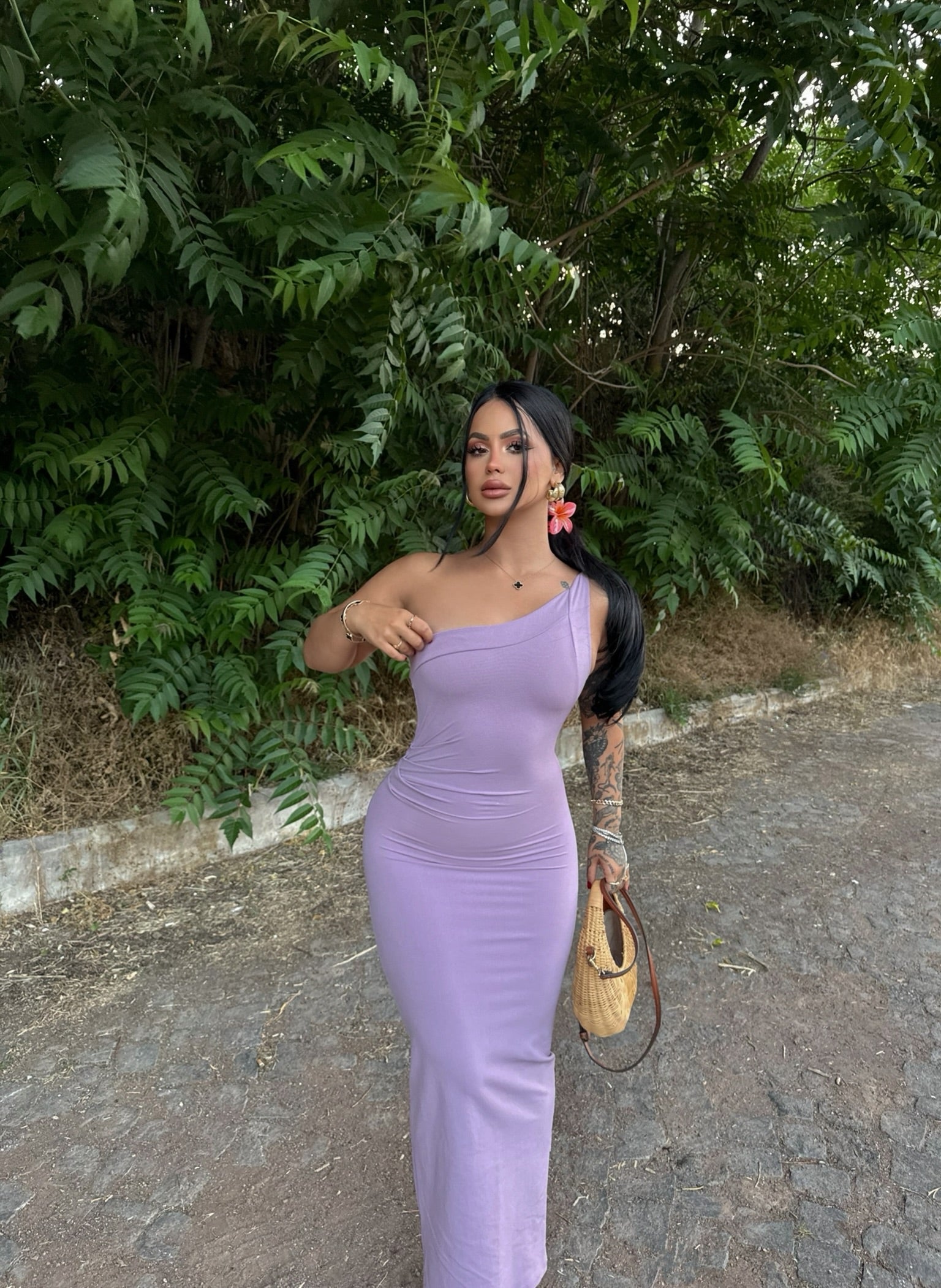 Lilac One-Shoulder Ruched Maxi Dress