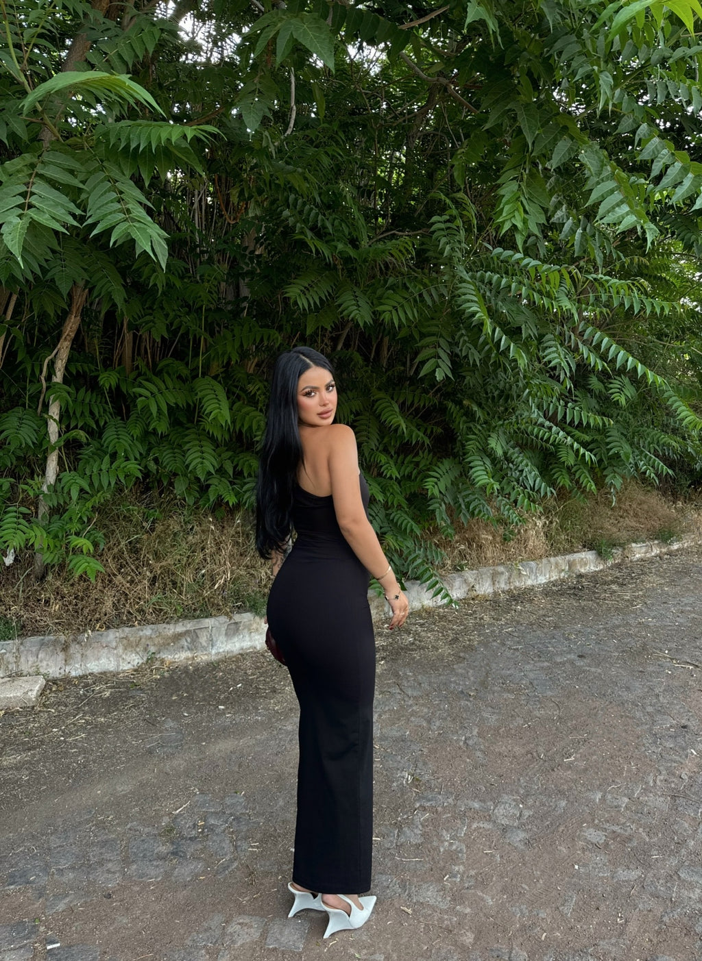 Black One-Shoulder Ruched Maxi Dress