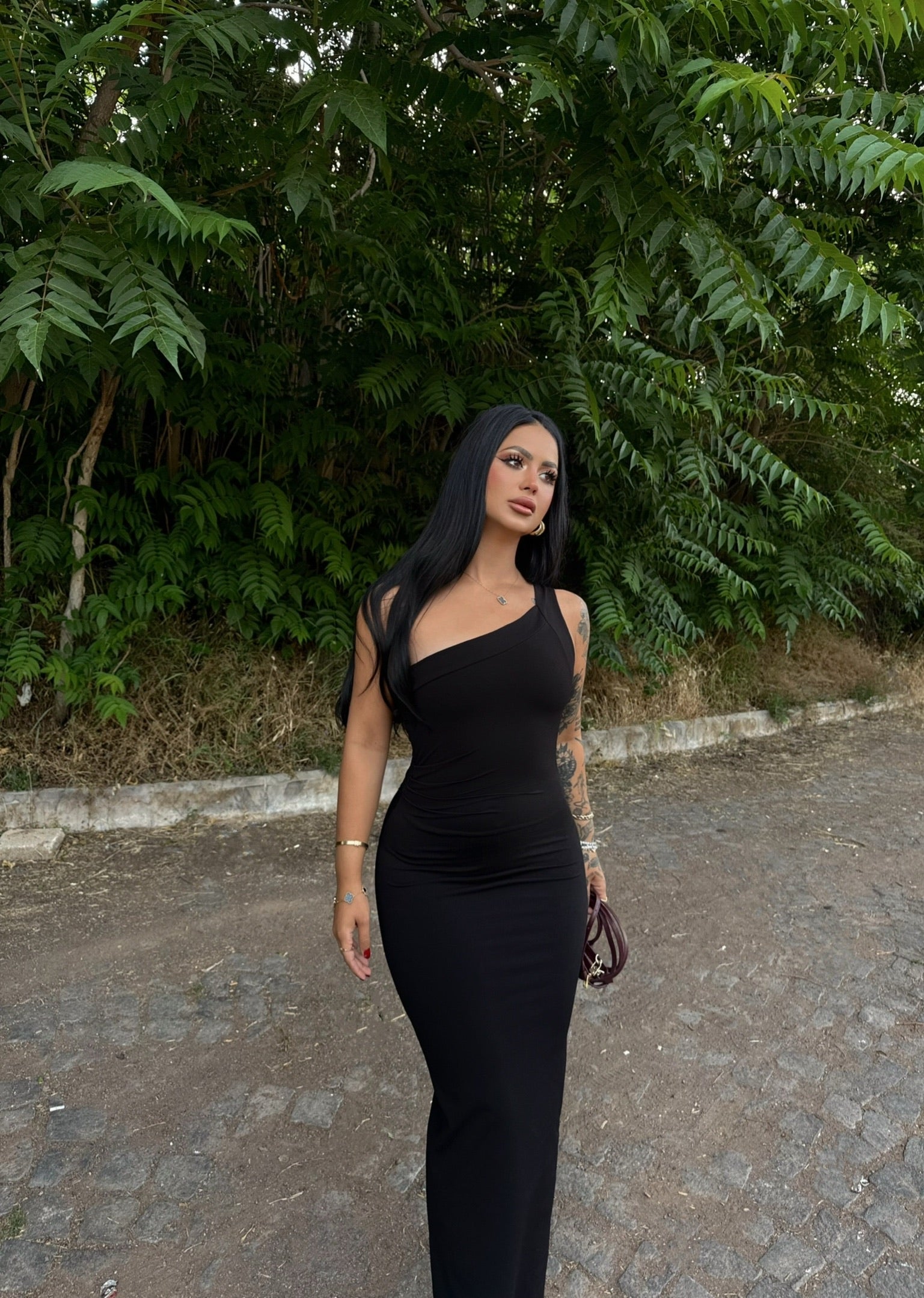 Black One-Shoulder Ruched Maxi Dress