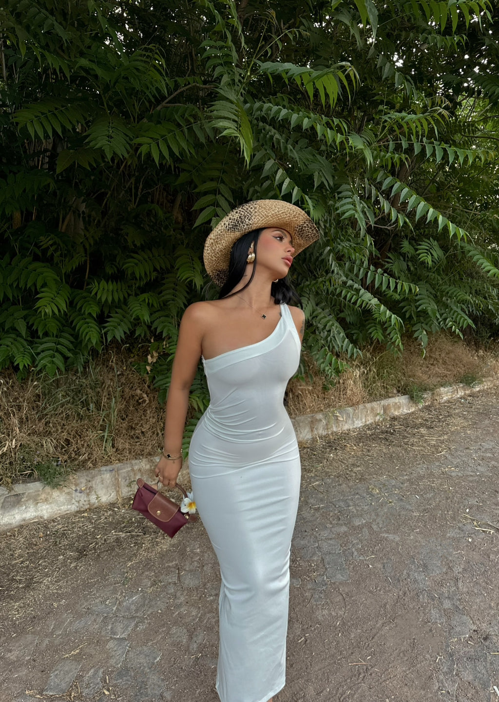 White One-Shoulder Ruched Maxi Dress