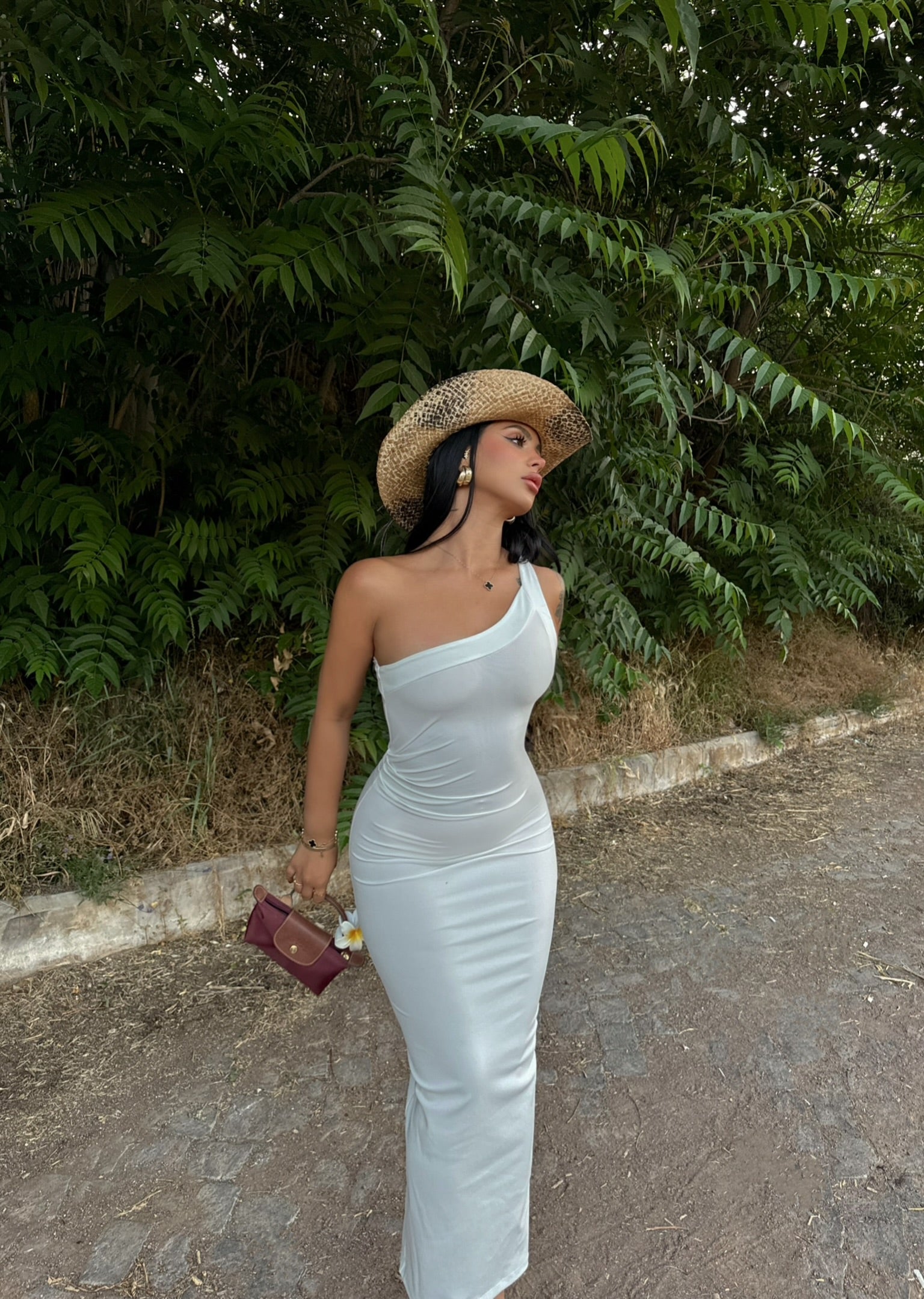 White One-Shoulder Ruched Maxi Dress