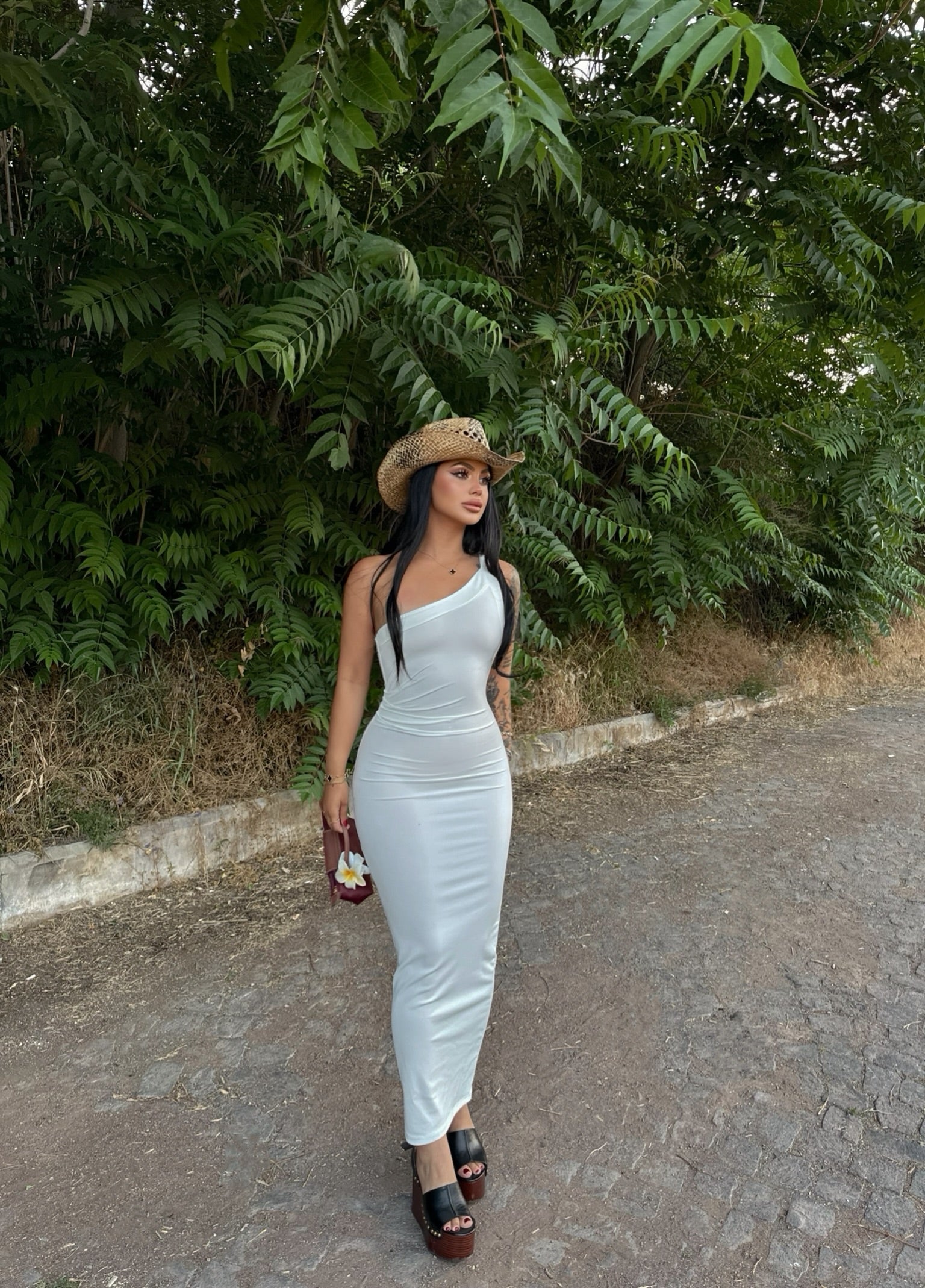 White One-Shoulder Ruched Maxi Dress