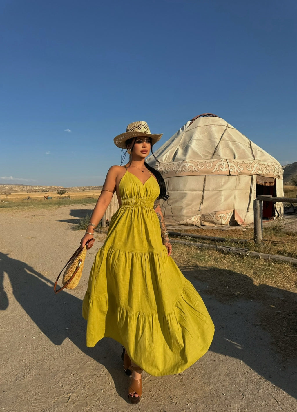 Green Strap Pearl Linen Dress