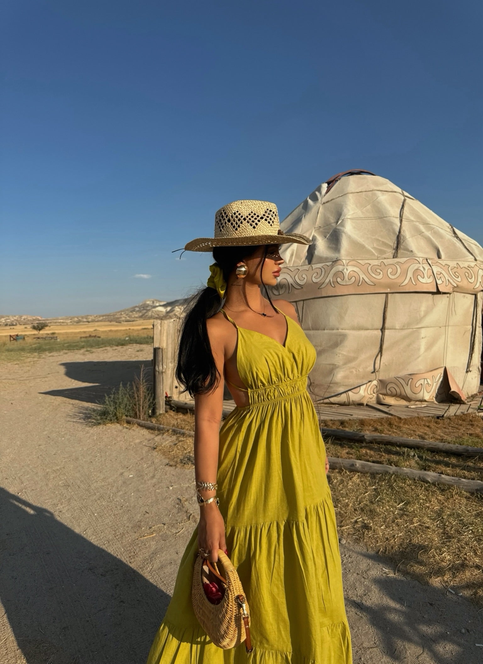 Green Strap Pearl Linen Dress